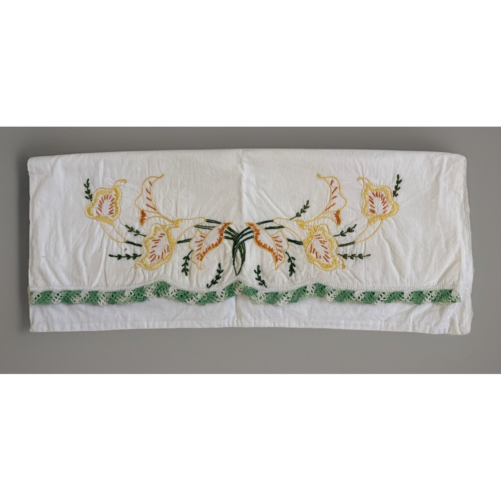 VTG Hand Embroidered White Yelllow Flowers Standard Size Pillowcase Crochet Edge